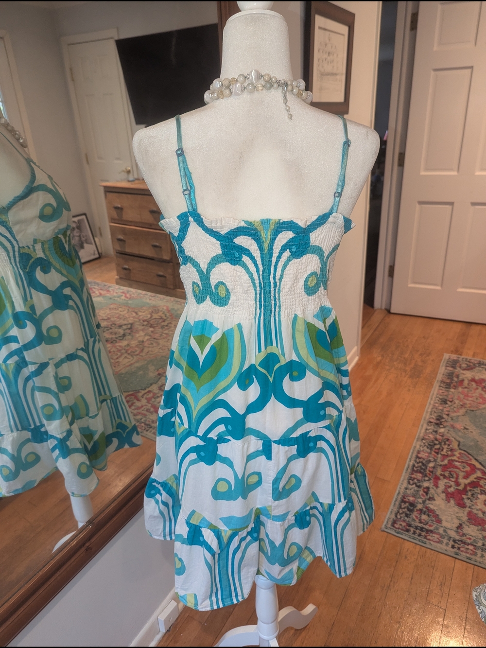 💯 Indian Cotton Green & White Printed Sundress With Slip - Picture 4 of 12